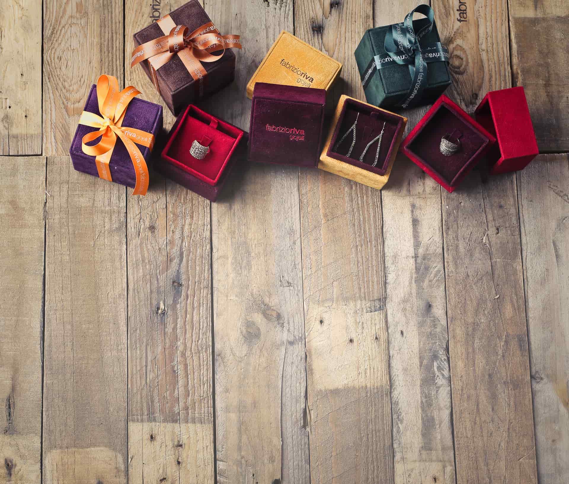 A jewelry gift box tied with a ribbon